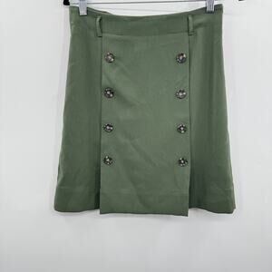 LOFT Pleated A-Line Knee Length Skirt Size 2 Olive Green Buttons Office Stretch